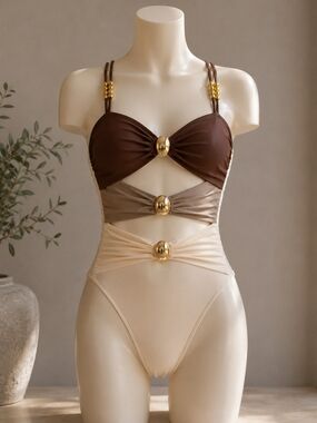 Colorblock Gold-Accent One-Piece Swimsuit in Brown, Taupe & Cream